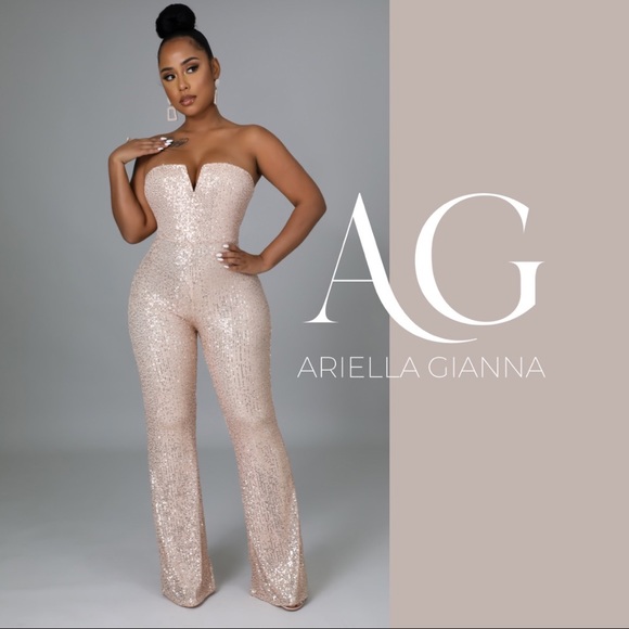Champagne Glitter Flare Legged Jumpsuit - Picture 1 of 4